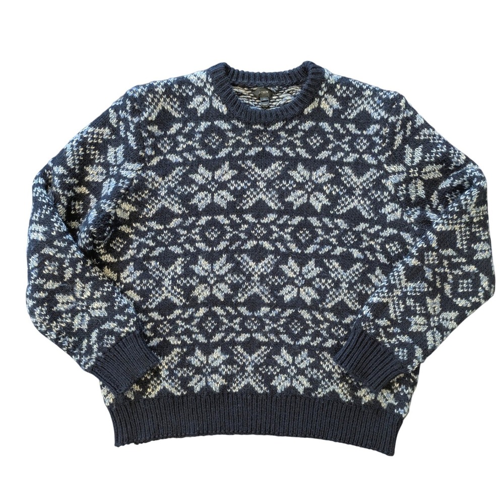 J.Crew Mens XL Fair Isle Wool Alpaca Blend Snowflake Sweater Navy Blue Cabincore